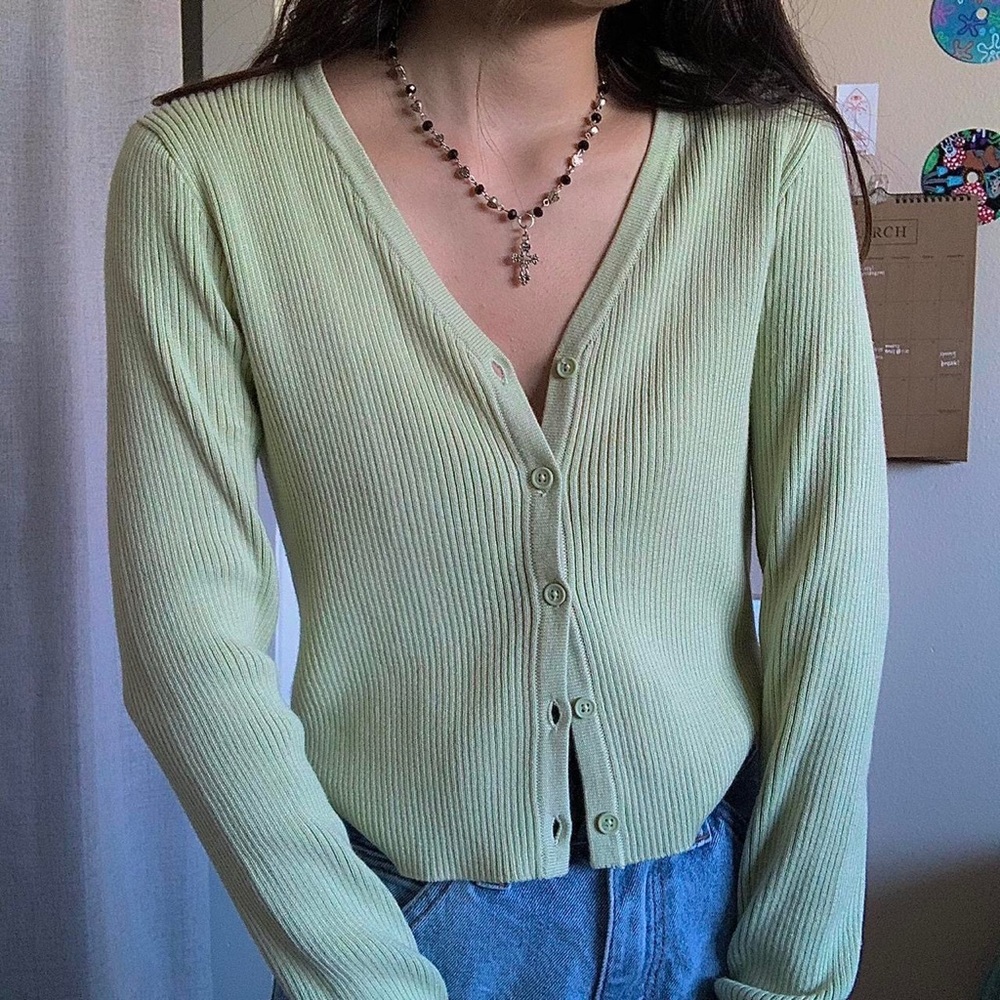 Brandy Melville sage/light green Shannon ribbed knit button up cardigan